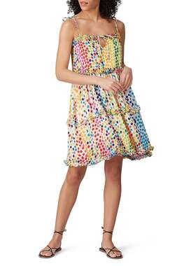 All Things Mochi Blessica Rainbow Polka Dot Print Tiered Silk Mini Dress Sz S